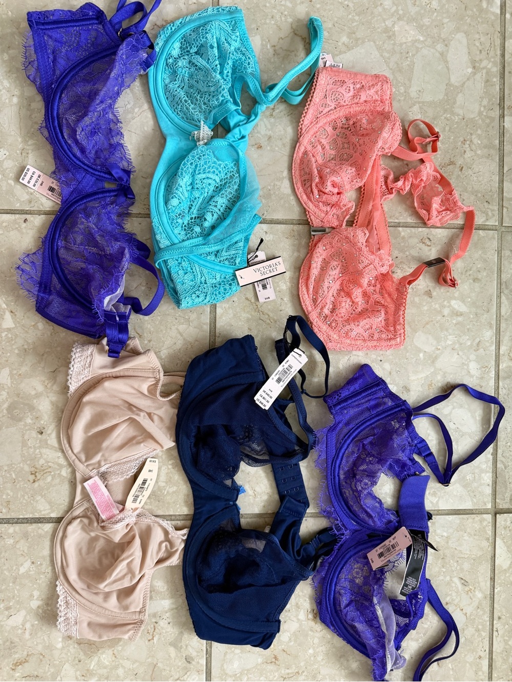 6 Victoria's Secret Bras in Teal, Coral, Navy, Lavender, and Beige